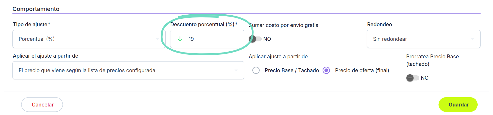Sección Comportamiento: tipo de ajuste y valor