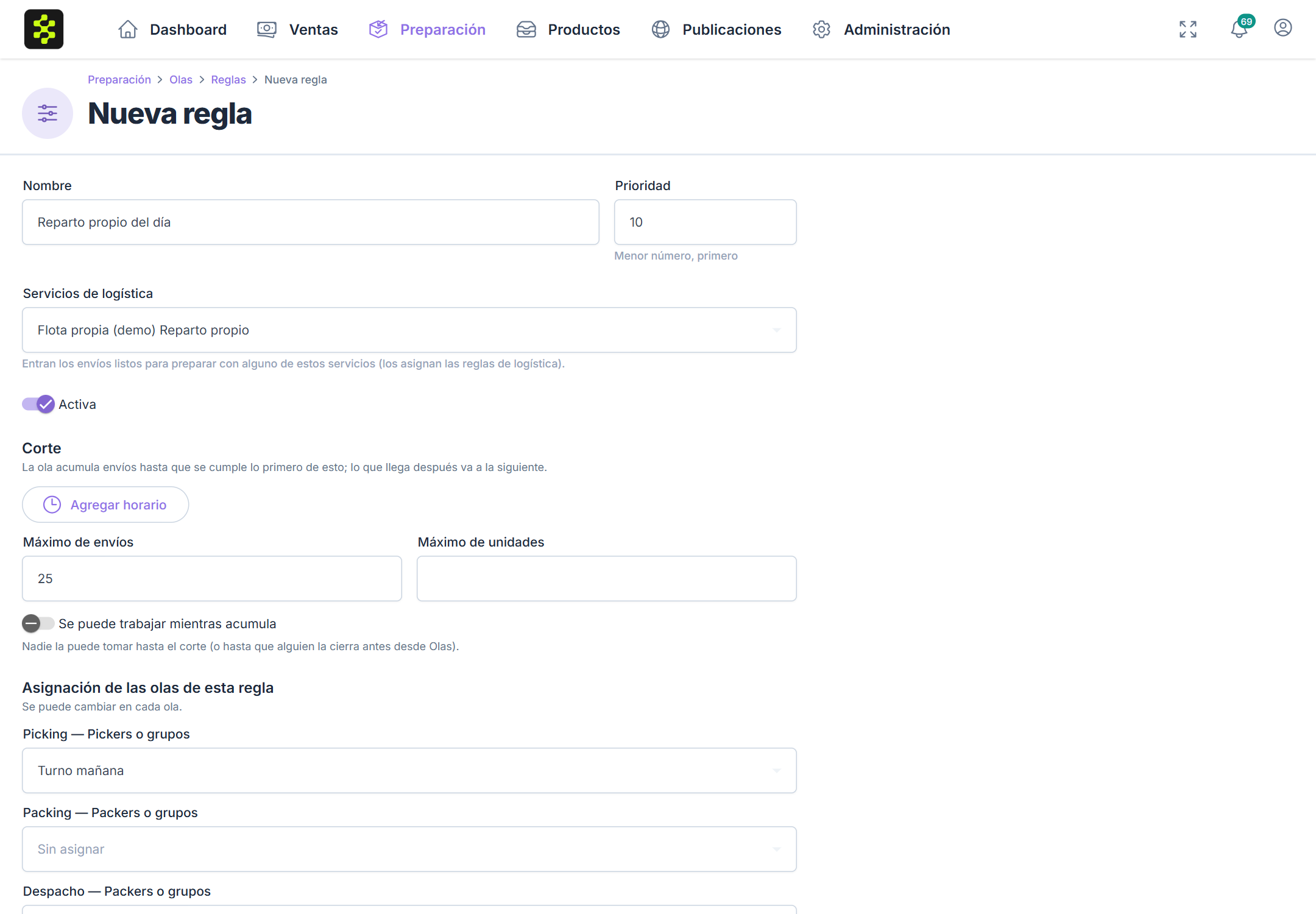 Nueva regla de ola con su servicio, el corte y la asignación