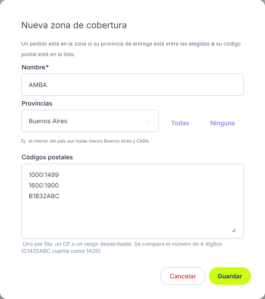 Nueva zona de cobertura con provincias y rangos de códigos postales