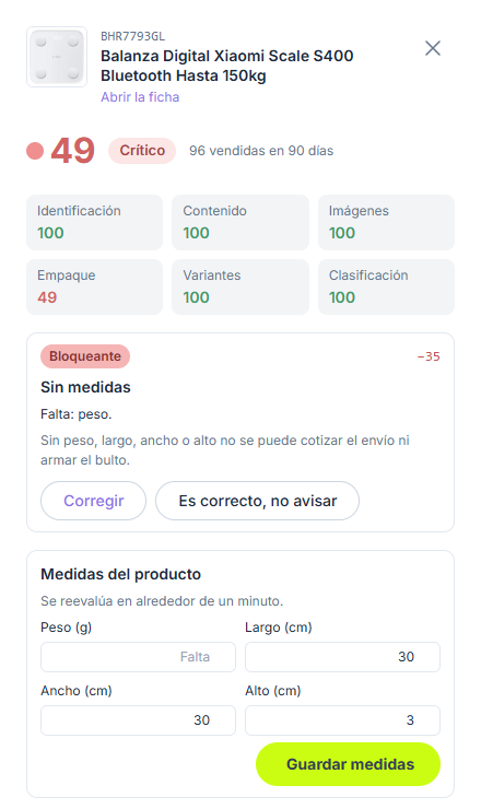 Panel de detalle de un producto con su puntaje, el problema Sin medidas y el bloque para cargar las medidas