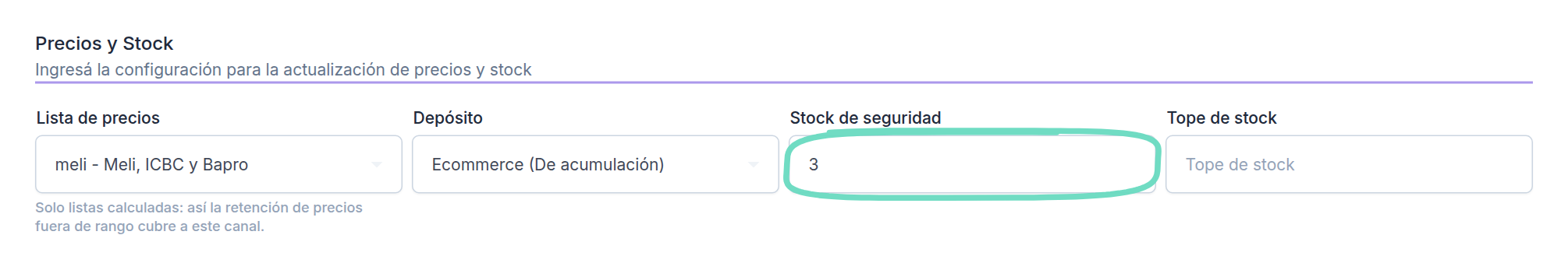 Sección Precios y Stock de la configuración de una integración, con el campo Stock de seguridad