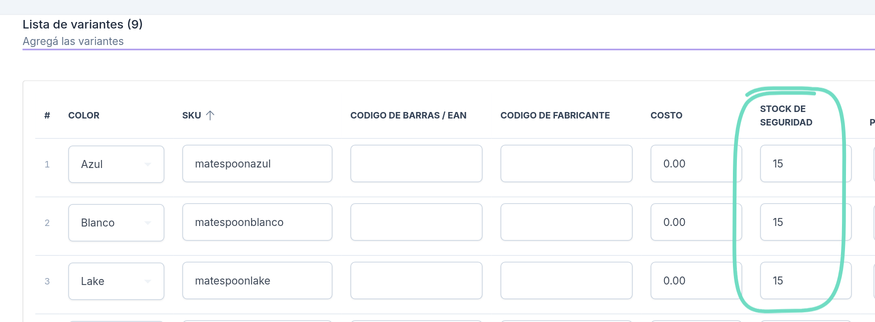 Lista de variantes de un producto con la columna Stock de Seguridad