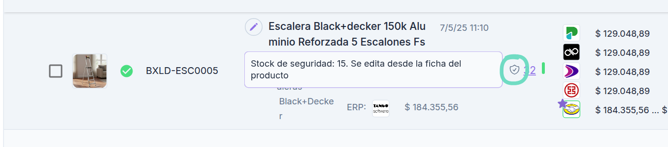Listado de Productos con el escudo de stock de seguridad al lado del stock y su detalle