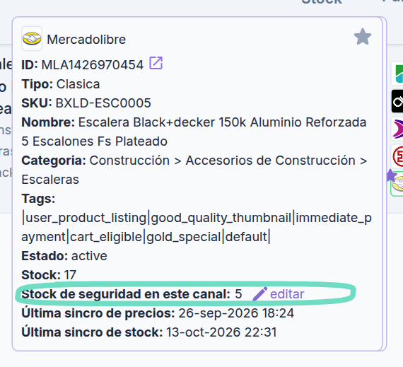 Detalle de la publicación de un SKU con la línea Stock de seguridad en este canal