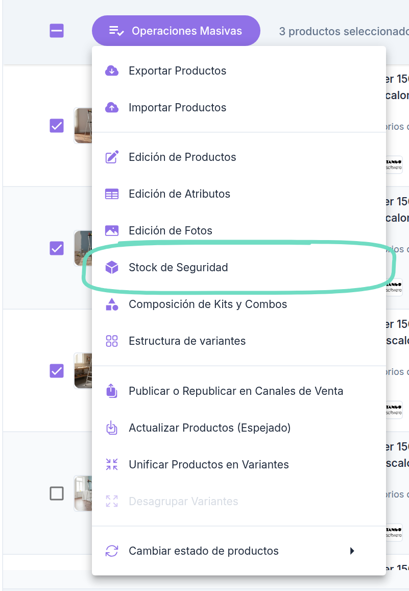Menú de Operaciones Masivas con la opción Stock de Seguridad
