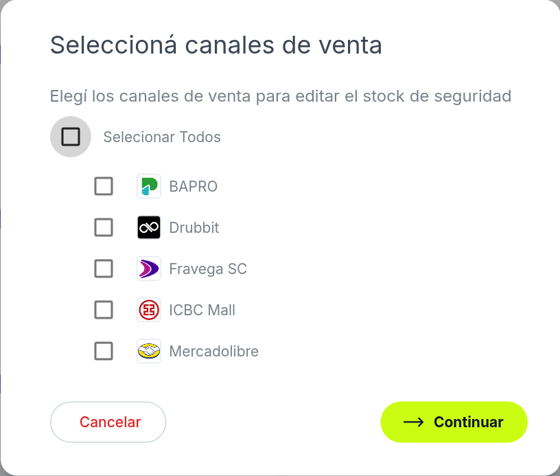 Selección de canales de venta para editar el stock de seguridad